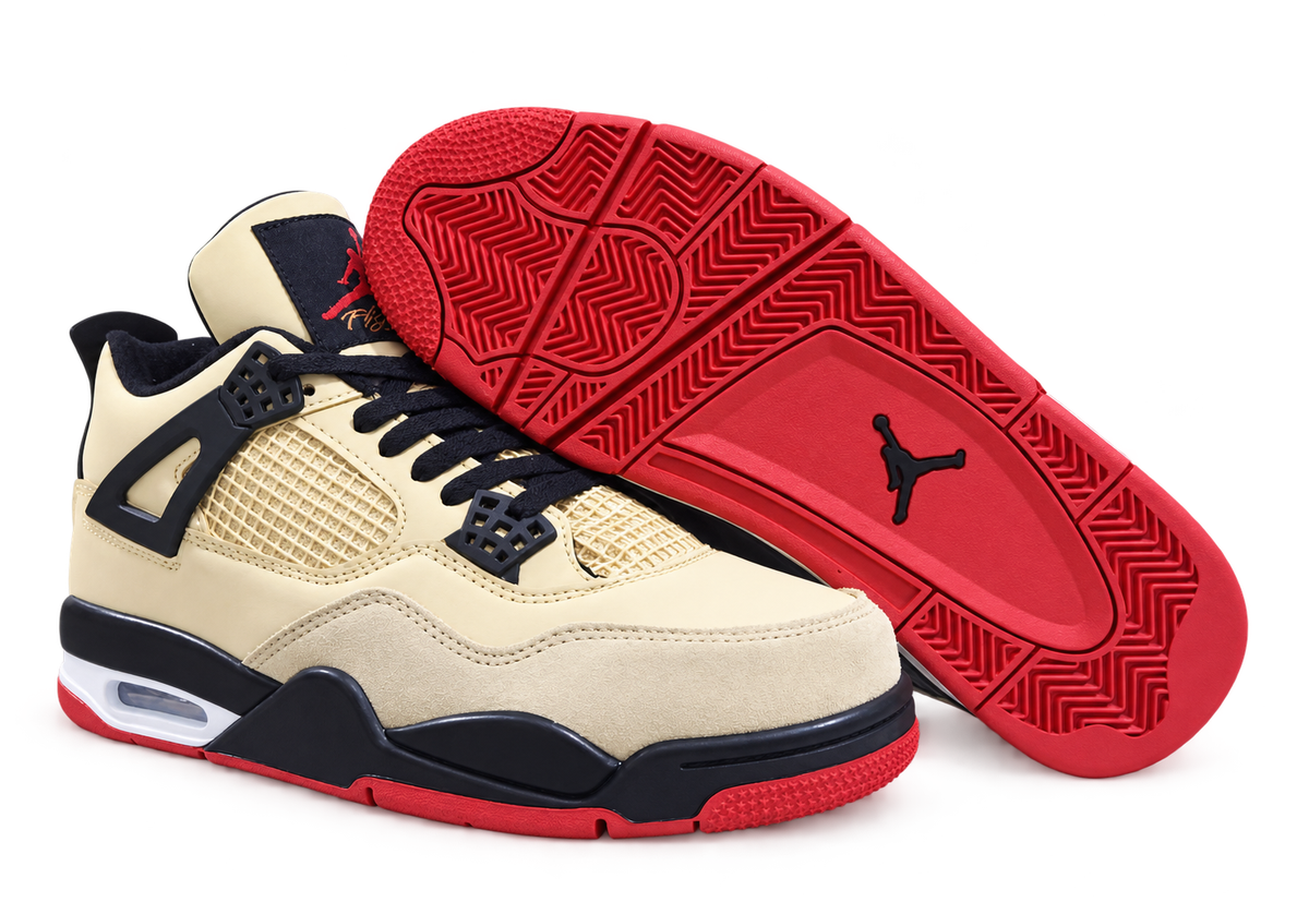 Air Jordan 4 Retro Crema Negro Rojo – Caña Media sobre fondo blanco